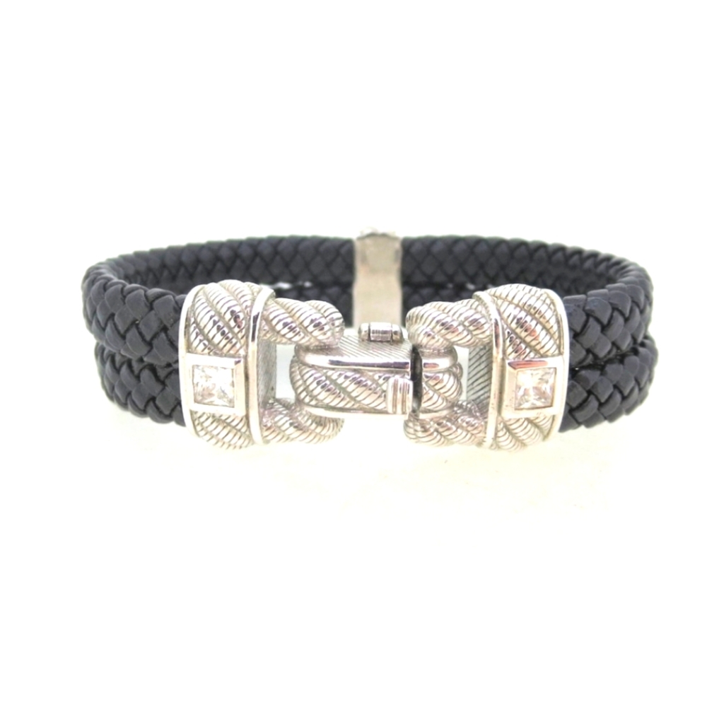 Judith Ripka sterling silver leather bracelet with CZ stone.